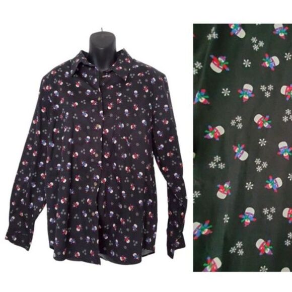Vintage Karen Scott Snowman Print Christmas Button-Down Black Shirt Sz L Holiday - Picture 1 of 10